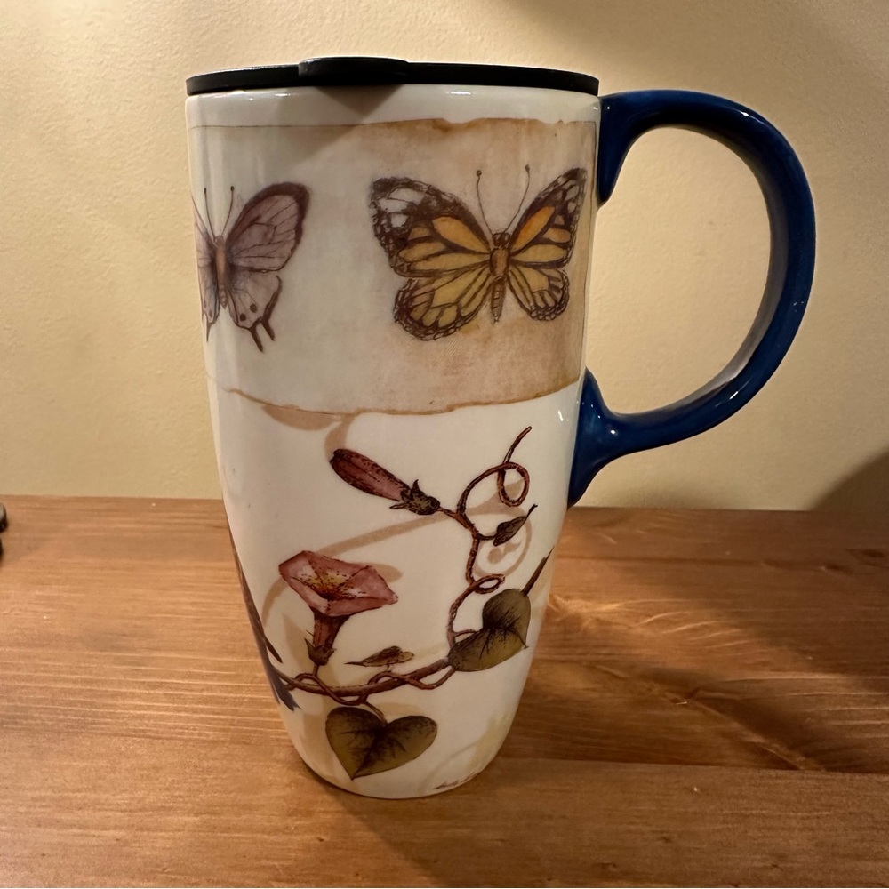 Cypress Ceramic Home Or Travel Mug Bird/Birdhouse Butterfly 17 Oz